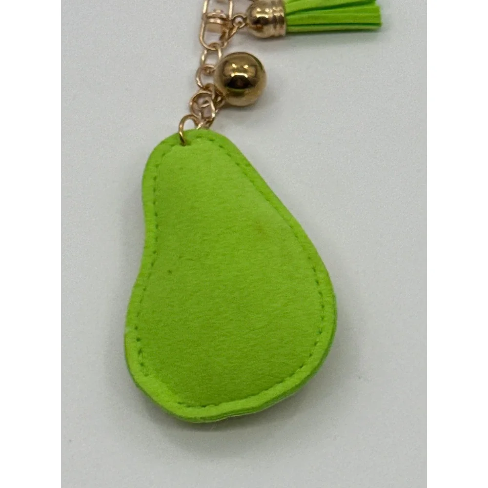 Green Rhinestone Avocado Keychain Heart Pit Tassel Gold Tone Bag Charm